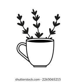 Cofee cup hand drawn lavender flowers. Vector illustration. Simple doodle style.