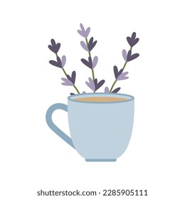 Cofee cup hand drawn lavender flowers. Vector illustration. Simple flat style.