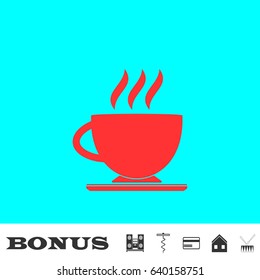 Cofee cup icon flat. Red pictogram on blue background. Vector illustration symbol and bonus buttons Music center, corkscrew, credit card, house, drum