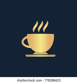 Cofee cup icon flat. Simple gold pictogram on dark background. Vector illustration symbol