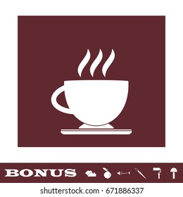 Cofee cup icon flat. White pictogram on brown background. Vector illustration symbol and bonus icons