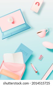Cofee with lapatop and stationery in 3d relistic art style with pastel color scheme background vector illustration