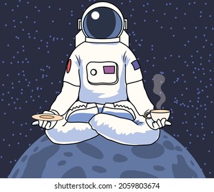 Cofee on Moon. Astronaut sitting and meditating. Space exploration concept. Character in suit sits on unknown planet, resting, relax. Cartoon flat vector illustration isolated on star background