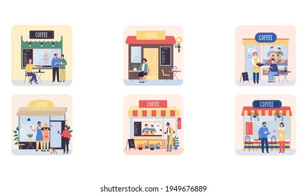Cofee shop building facade, customer talking to female waitress in uniform makes an order scenes set
