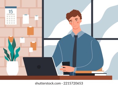 Concepto de cafetería. El hombre con portátil se sienta en la mesa con una bebida caliente en la mano. Cafetería o restaurante. Coworking, autónomo y trabajador a distancia. Afiche o cartel para el sitio web. Dibujo vectorial plano de dibujos animados