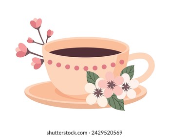 Cofee, tea, cocoa cup with blossom sakura flowers branch isolated on white background. Japanese sakura flower, flat cherry floral branches