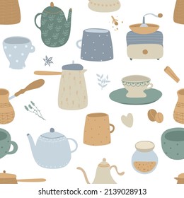 cofee, tea time seamless pattern. coffee cup, teapot, coffee maker, cute mug, hot chocolate, coffee, cocoa,  warm backgrond