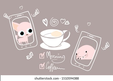 Cofetime, morning talk, comic design on a pink background and cartoon characters of animals, cat and dog, for cafe advertising, in vector