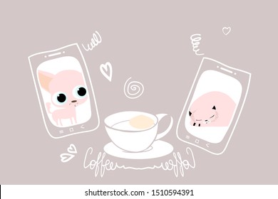 Cofetime, morning talk, comic design on a pink background and cartoon characters of animals, cat and dog, for cafe advertising, in vector