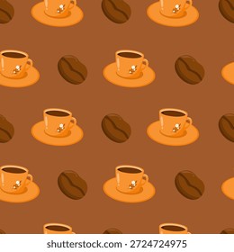 Coffe bean and hot coffee seamless pattern. Delicious and warm beverage cartoon. Can be used for wallpaper, paper wrapping and fashion fabric