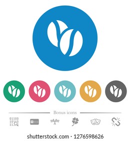Coffe beans flat white icons on round color backgrounds. 6 bonus icons included.
