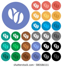 Coffe beans multi colored flat icons on round backgrounds. Included white, light and dark icon variations for hover and active status effects, and bonus shades on black backgounds.