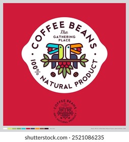 Logotipo do produto natural Coffe Beans. Duas aves com vagens de café no bico. Rótulo ou embalagem do café.