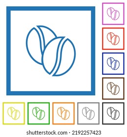 Coffe beans outline flat color icons in square frames on white background