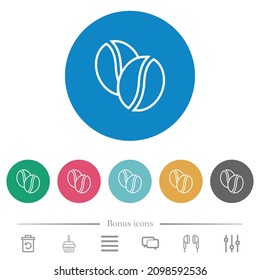 Coffe beans outline flat white icons on round color backgrounds. 6 bonus icons included.