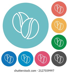 Coffe beans outline flat white icons on round color backgrounds