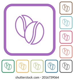 Coffe beans outline simple icons in color rounded square frames on white background