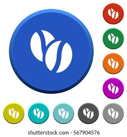 Coffe beans round color beveled buttons with smooth surfaces and flat white icons