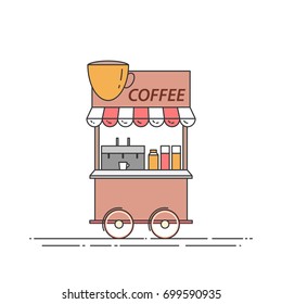 Coffe bicycle - cart on wheels with hot fresh drink. Flat line vector illustration of food and drink kiosk.