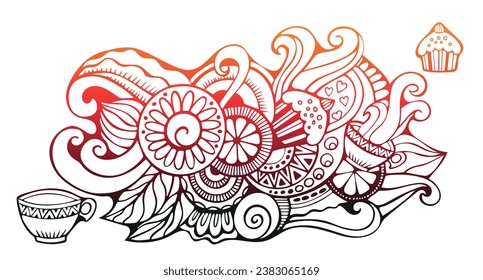 Coffe breake. template for banner, card, menu. cartoon dooddle style with cake and cup