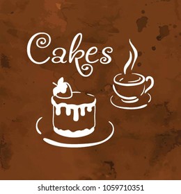 Coffe and cake with strawberries isolated vector icon. White dessert symbol on a chocolate background. Cake and coffe logo.  Cartoon silhouette for menu

