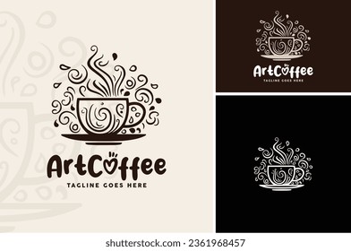 Coffe Cup with Artistic Doodle Floral  Hot Drink Steam for Art Cafe Beverages or Barista Coffee Shop logo design