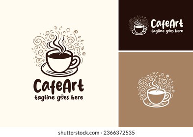 Coffe Cup with Artistic Doodle Floral  Hot Drink Steam for Art Cafe Beverages or Barista Coffee Shop logo design