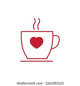 coffe cup with heart line red  icon on white