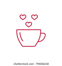 coffe cup with hearts steam thin line red icon