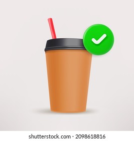 Icono de taza de café con marca de verificación. icono de vector 3d