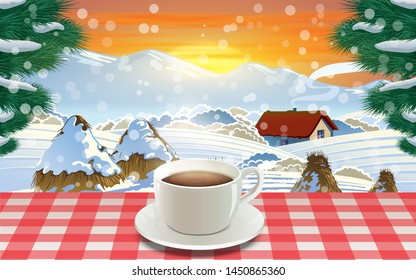 coffe cup on the table in snowday in morning