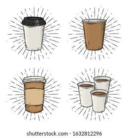 Coffe cup. Set of coffee cup. Hand drawn vector illustration with coffee cup and divergent rays. Used for poster, banner, web, t-shirt print, bag print, badges, flyer, logo design and more.
