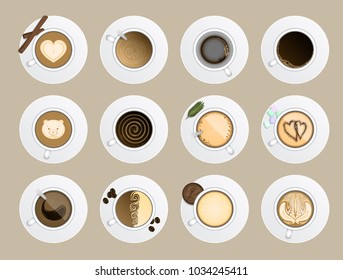 Coffe cup top view realistic vector drink different types of coffee, cappuccino, latte, chocolate, cocoa on table blackboard. Perfect coffee cups for menu assortment collection aromatic beverage