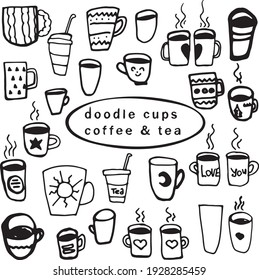 Coffe cups Hand Drawn.  Icon Set  of cup doodles on white. Vector illustration.