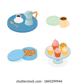 Coffe and dessert set. Isometric vector illustration in flat design.