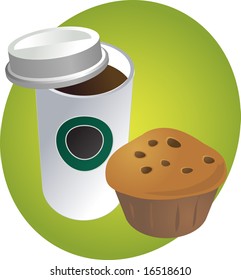 Café en una taza desechable con desayuno de muffin