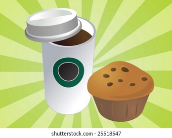 Café en una taza desechable con desayuno de muffin