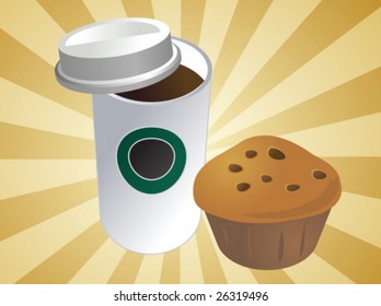 Coffe in disposable cup with muffin breakfast to go