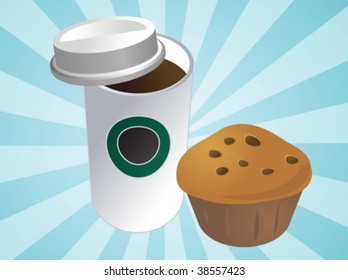 Café en una taza desechable con desayuno de muffin