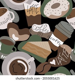 Coffe doodles seamless pattern on black background