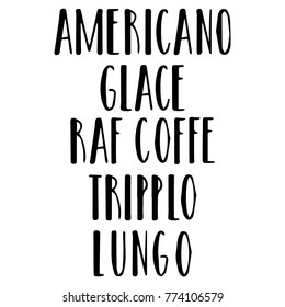 Coffe drinks menu. Graphic vector  elements for coffee shop, market, cafe design, restaurant menu and recipes. Coffee types and brewing methods