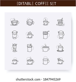 Coffe drinks types line icons set. Americano, frappe, latte and more. Coffeemania. Coffeehouse menu. Different caffeine drinks receipts concept. Isolated vector illustration. Editable stroke  svg