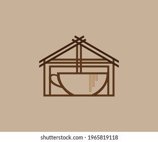 Coffe House Logo. Home Line Design And A Cup Of Coffee. Vector Line Art Icon Template