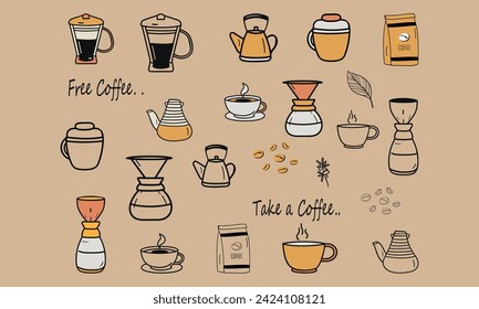 Coffe line icon set. Vector collection of coffee and accessories with brown background.