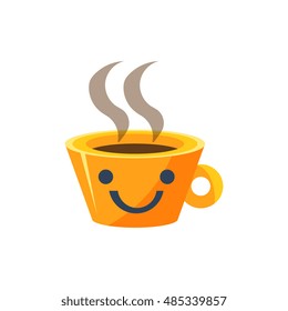 Coffe Mug Primitive Icon With Smiley Face. Office Or School Desk Supply Sticker In Simplified Childish Cartoon Vector Design Isolated On White Background