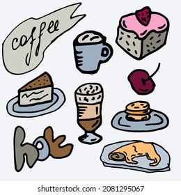 Coffe, pancake and cakes hand drawn stickers	
