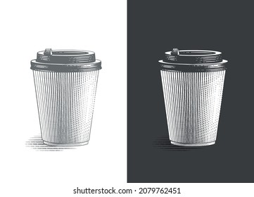 Coffe paper cup takeaway Hand drawing sketch engraving illustration style