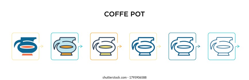 Coffe Pot Vektorsymbol in 6 verschiedenen modernen Stilen. Schwarze, zweifarbige Coffe-Pot-Icons, die in voller Umriss-, Linien- und Strichform entworfen wurden. Vektorgrafik kann für Web, Mobile, i