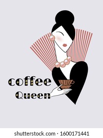 Coffe queen. glamorous girl with a cup of coffee. Minimalistic vector illustration. Creative artwork. Template for card, poster, banner, print for t-shirt, pin, badge, patch.