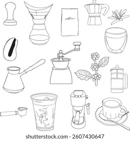 Coffe set of doodle outline vector illustrations Black and white line art Minimalist hand drawn design Coffee flower, coffee machine, espresso mug, moka pot, cezve, french press, coffee berries
